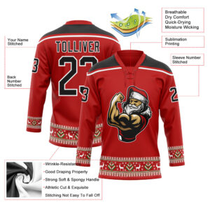 Custom Red Black-White Christmas Santa Claus 3D Hockey Lace Neck Jersey