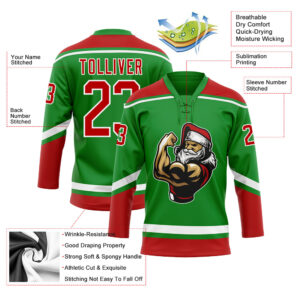 Custom Grass Green Red-White Christmas Santa Claus 3D Hockey Lace Neck Jersey