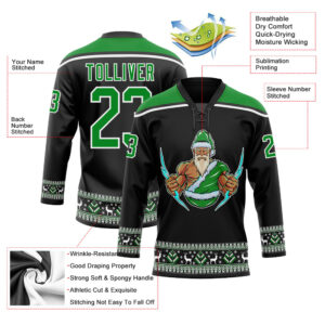 Custom Black Grass Green-White Christmas Santa Claus 3D Hockey Lace Neck Jersey