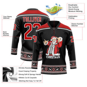 Custom Black Red-White Christmas Santa Claus 3D Hockey Lace Neck Jersey