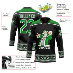 Custom Black Grass Green-White Christmas Santa Claus 3D Hockey Lace Neck Jersey