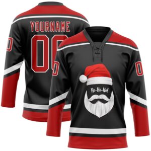 Custom Black Red-White Christmas Santa Claus 3D Hockey Lace Neck Jersey