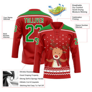 Custom Red Grass Green-White Christmas Reindeer 3D Hockey Lace Neck Jersey