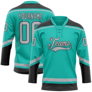 Custom Aqua Gray-Black Hockey Lace Neck Jersey