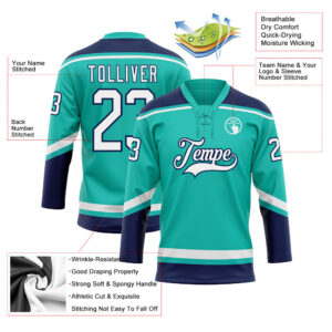 Custom Aqua White-Navy Hockey Lace Neck Jersey