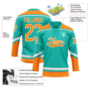 Custom Aqua Bay Orange-White Hockey Lace Neck Jersey