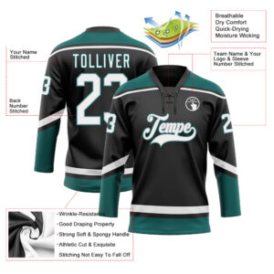 Custom Black White Gray-Midnight Green Hockey Lace Neck Jersey