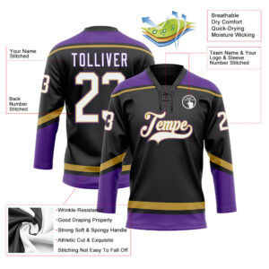 Custom Black White Old Gold-Purple Hockey Lace Neck Jersey