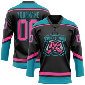 Custom Black Pink-Teal Hockey Lace Neck Jersey