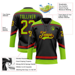 Custom Black Neon Green-Red Hockey Lace Neck Jersey