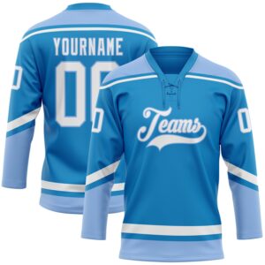 Custom Blue White-Light Blue Hockey Lace Neck Jersey