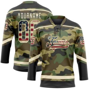 Custom Camo Vintage USA Flag Cream-Black Salute To Service Hockey Lace Neck Jersey