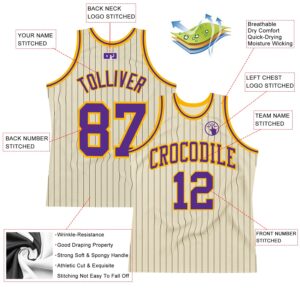 Custom Cream Black Pinstripe Purple-Gold Authentic Basketball Jersey