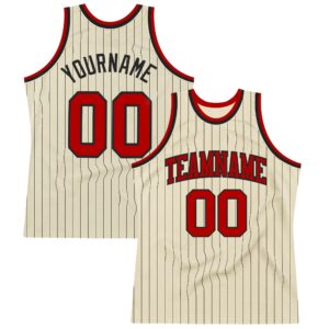 Custom Cream Black Pinstripe Red Authentic Basketball Jersey