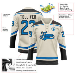 Custom Cream Blue-Black Hockey Lace Neck Jersey