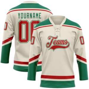 Custom Cream Red-Kelly Green Hockey Lace Neck Jersey