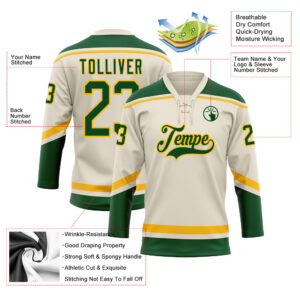 Custom Cream Green-Gold Hockey Lace Neck Jersey