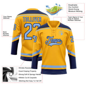 Custom Gold Light Blue-Navy Hockey Lace Neck Jersey