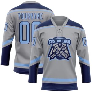 Custom Gray Light Blue-Navy Hockey Lace Neck Jersey