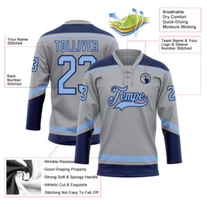 Custom Gray Light Blue-Navy Hockey Lace Neck Jersey