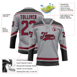 Custom Gray Crimson-Black Hockey Lace Neck Jersey