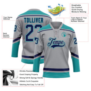 Custom Gray Navy-Teal Hockey Lace Neck Jersey