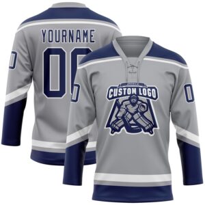 Custom Gray Navy-White Hockey Lace Neck Jersey