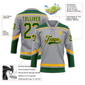 Custom Gray Green-Gold Hockey Lace Neck Jersey