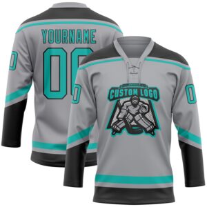 Custom Gray Aqua-Black Hockey Lace Neck Jersey