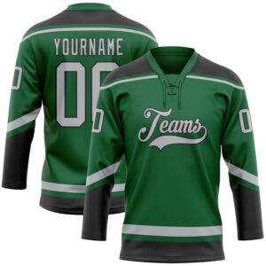 Custom Kelly Green Gray-Black Hockey Lace Neck Jersey