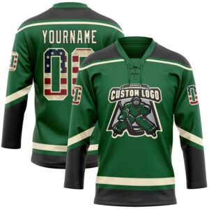 Custom Kelly Green Vintage USA Flag Cream-Black Hockey Lace Neck Jersey