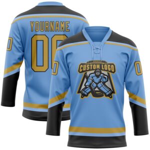 Custom Light Blue Old Gold-Black Hockey Lace Neck Jersey