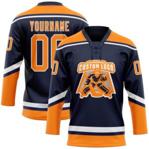 Custom Navy Bay Orange-White Hockey Lace Neck Jersey