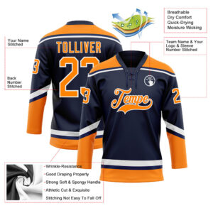 Custom Navy Bay Orange-White Hockey Lace Neck Jersey