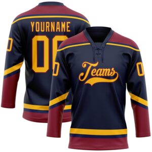 Custom Navy Gold-Crimson Hockey Lace Neck Jersey