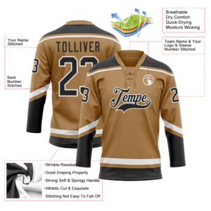 Custom Old Gold Black-White Hockey Lace Neck Jersey