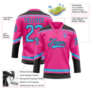 Custom Pink Sky Blue-Black Hockey Lace Neck Jersey