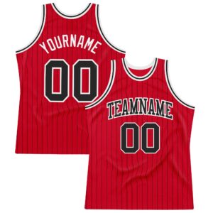 Custom Red Black Pinstripe Black-White Authentic Basketball Jersey