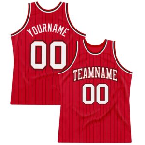 Custom Red Black Pinstripe White-Black Authentic Basketball Jersey