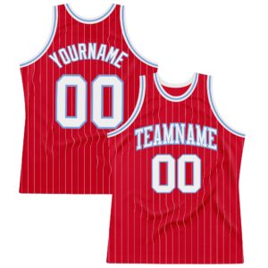 Custom Red White Pinstripe White-Light Blue Authentic Basketball Jersey