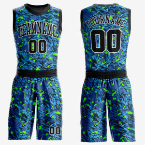 Custom Royal Black-Neon Green Music Festival Round Neck Sublimation Basketball Suit Jersey