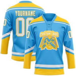 Custom Sky Blue White-Yellow Hockey Lace Neck Jersey