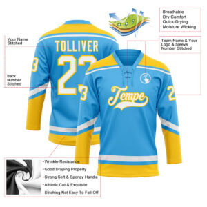 Custom Sky Blue White-Yellow Hockey Lace Neck Jersey