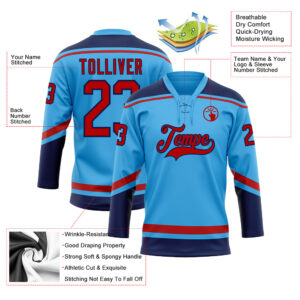 Custom Sky Blue Red-Navy Hockey Lace Neck Jersey