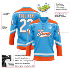 Custom Sky Blue White-Orange Hockey Lace Neck Jersey