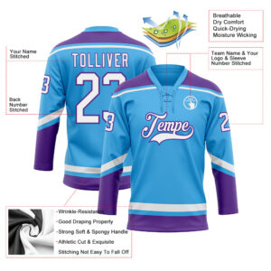 Custom Sky Blue White-Purple Hockey Lace Neck Jersey