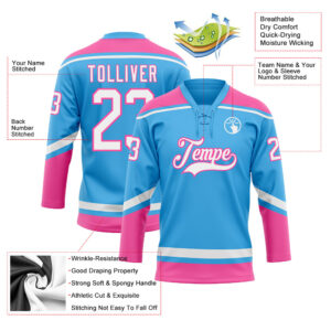 Custom Sky Blue White-Pink Hockey Lace Neck Jersey