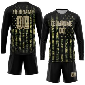 Custom Camo Vegas Gold-Black American Flag Fashion Sublimation Salute To Service Soccer Uniform Jersey