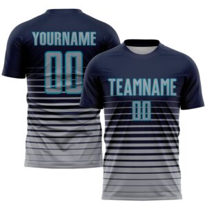 Custom Navy Gray-Teal Pinstripe Fade Fashion Sublimation Soccer Uniform Jersey