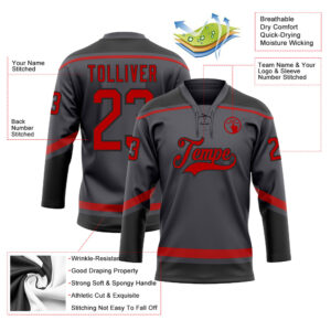 Custom Steel Gray Red-Black Hockey Lace Neck Jersey